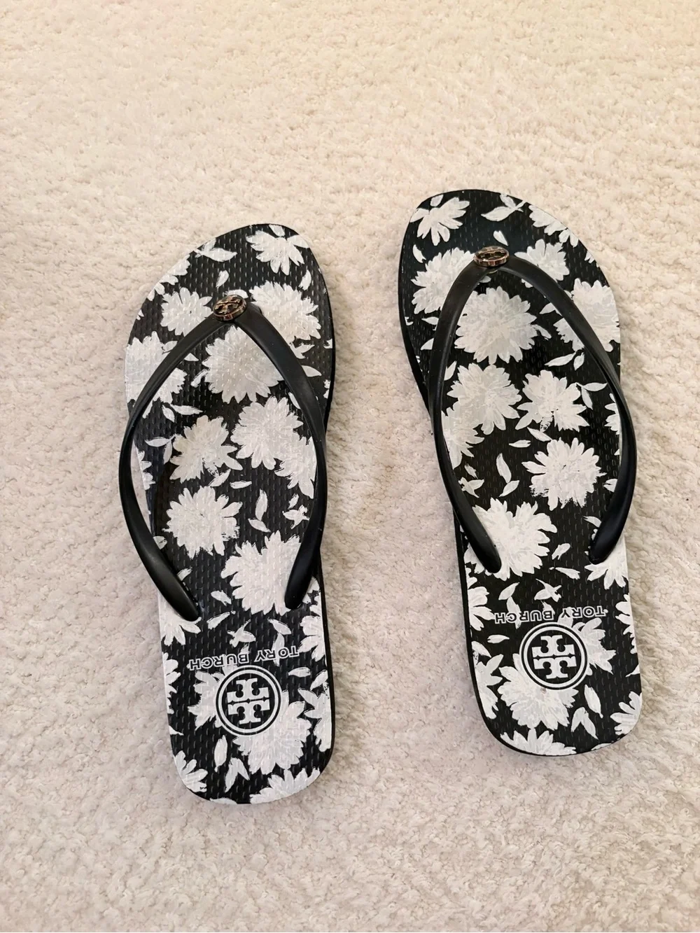 Tory Burch Black and White Floral Logo Flip Flops